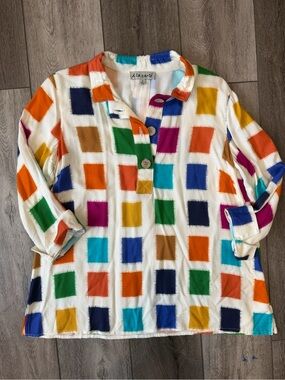 a la carte White Tunic with Multicolor Square Print